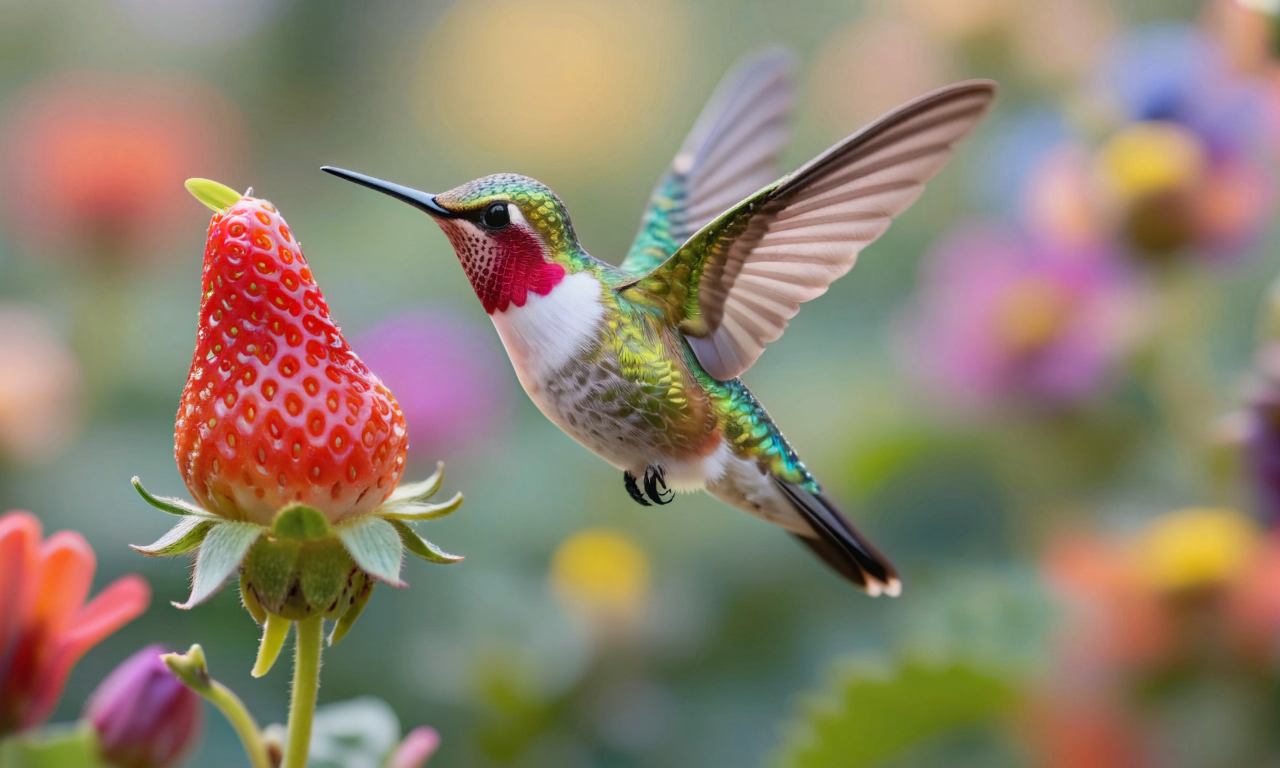 Клубника, причудливо вылепленная в форме колибри в полете, ее крылья размыты, когда она пьет нектар из яркого трубчатого цветка