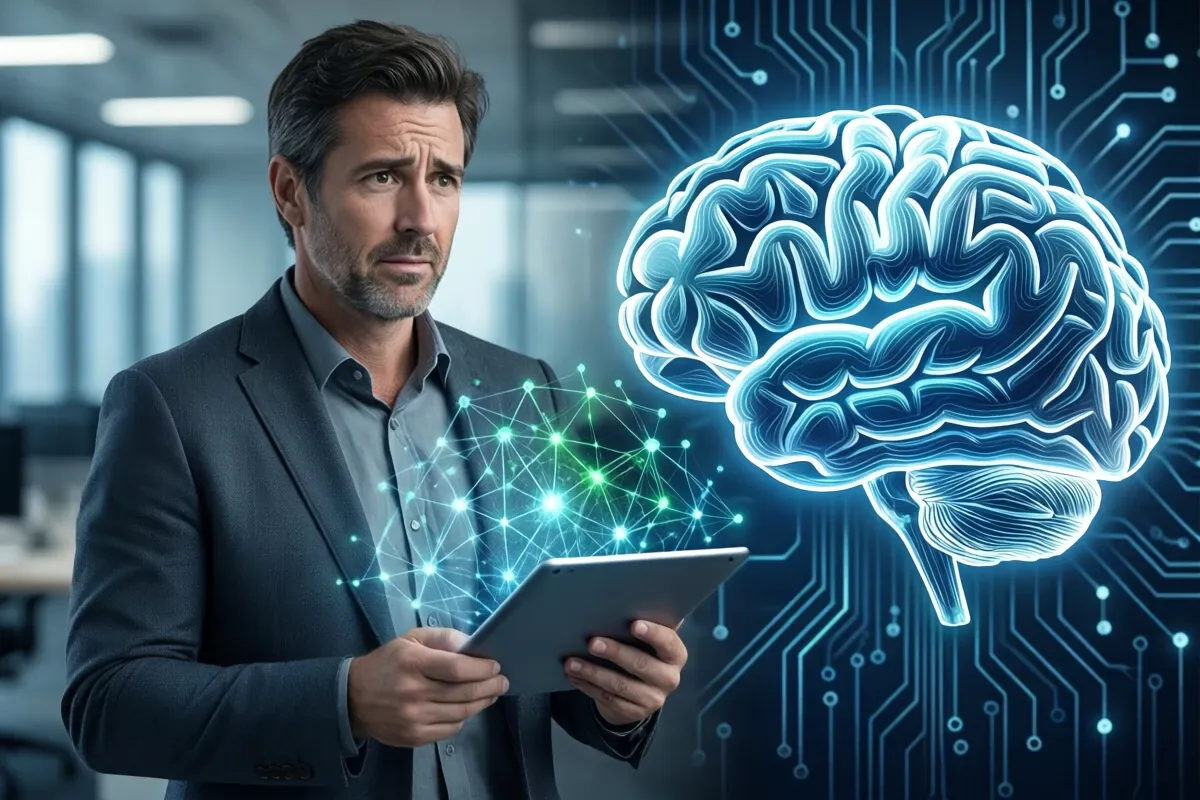 Мужчина с планшетом на фоне голограммы нейросети