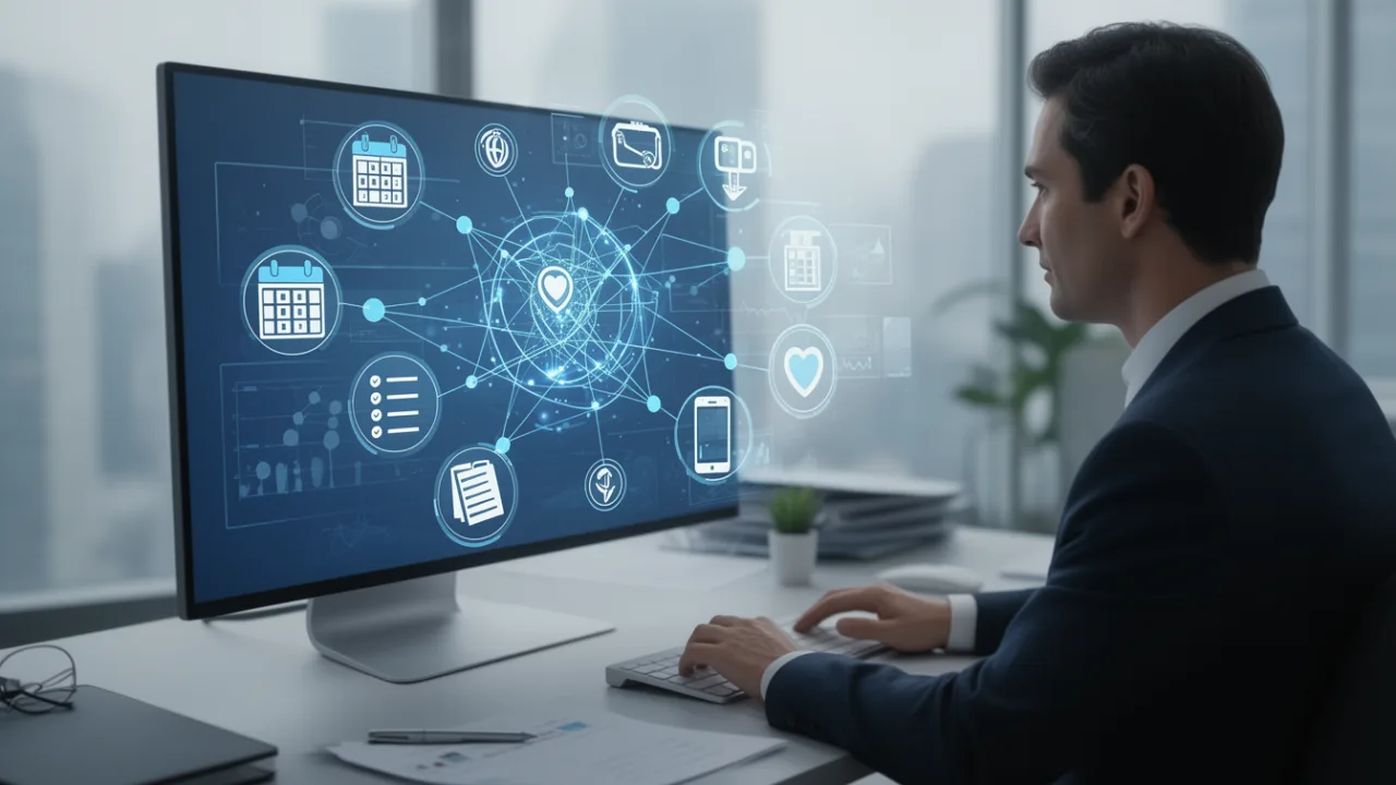 Бизнесмен за работой с цифровым интерфейсом на мониторе