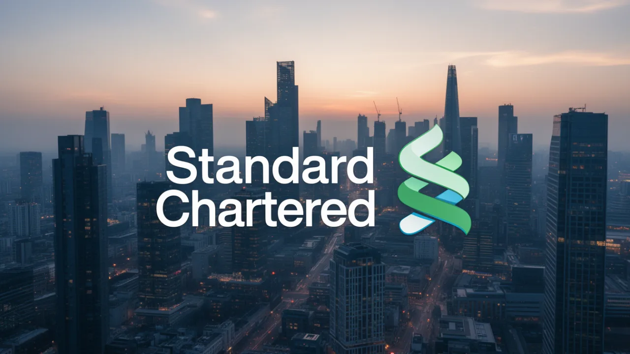 Логотип Standard Chartered на фоне панорамы Лондона