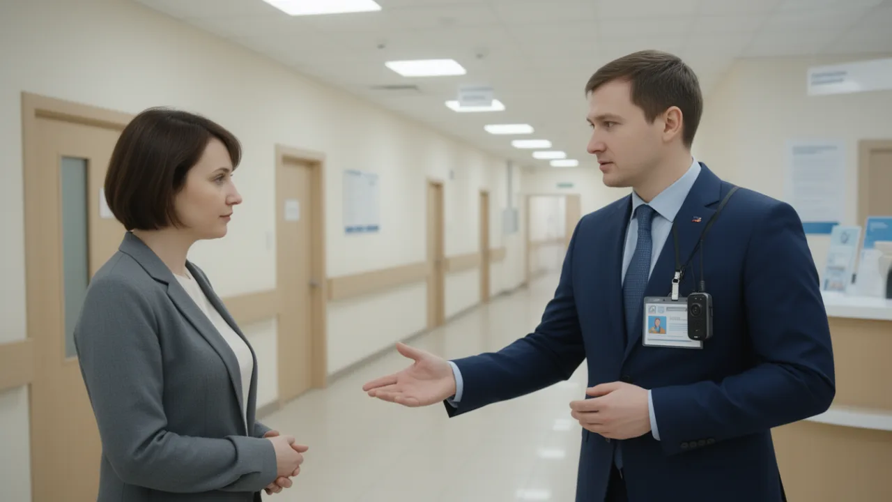 Общение сотрудников в современном офисном коридоре