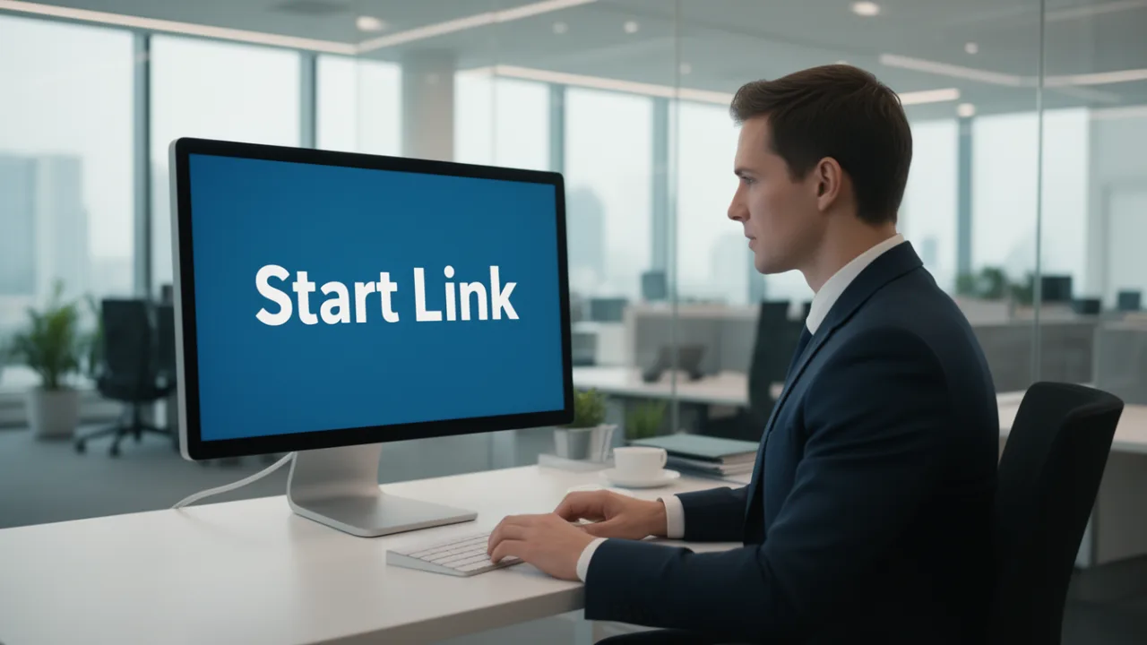 Мужчина в деловом костюме за компьютером с надписью Start Link