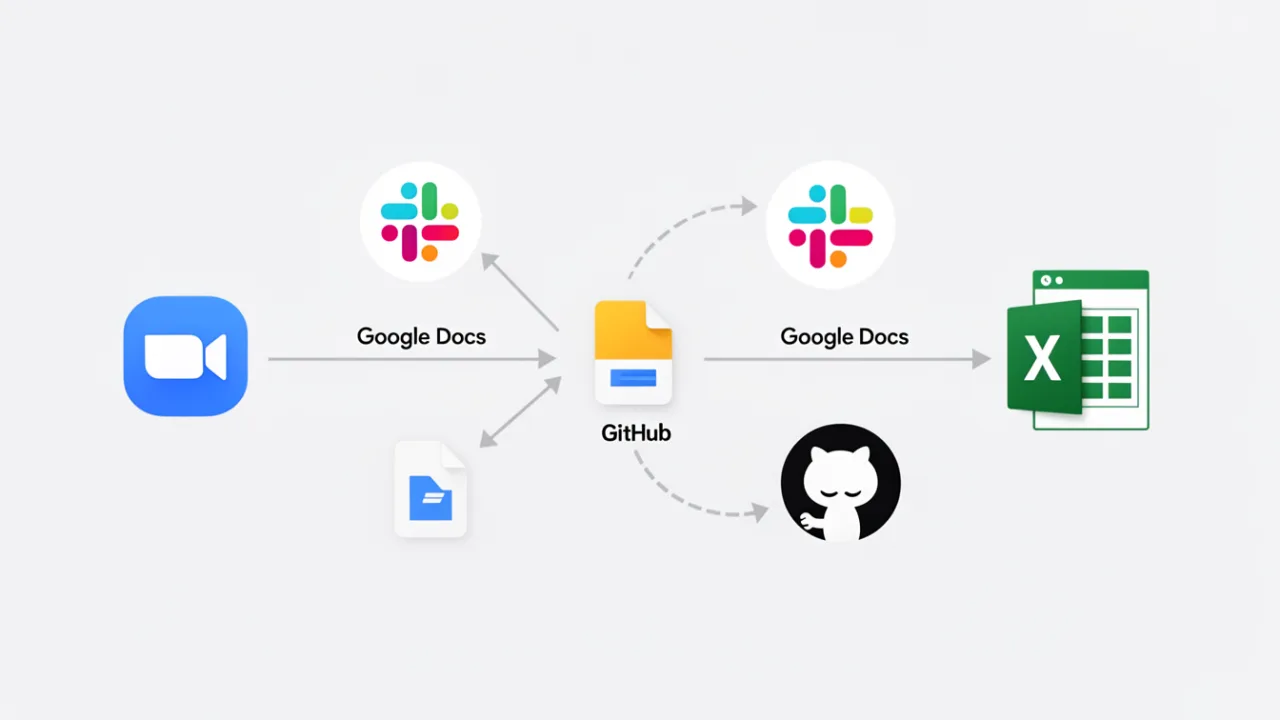Схема интеграции сервисов Zoom, Slack, GitHub, Google Docs и Excel