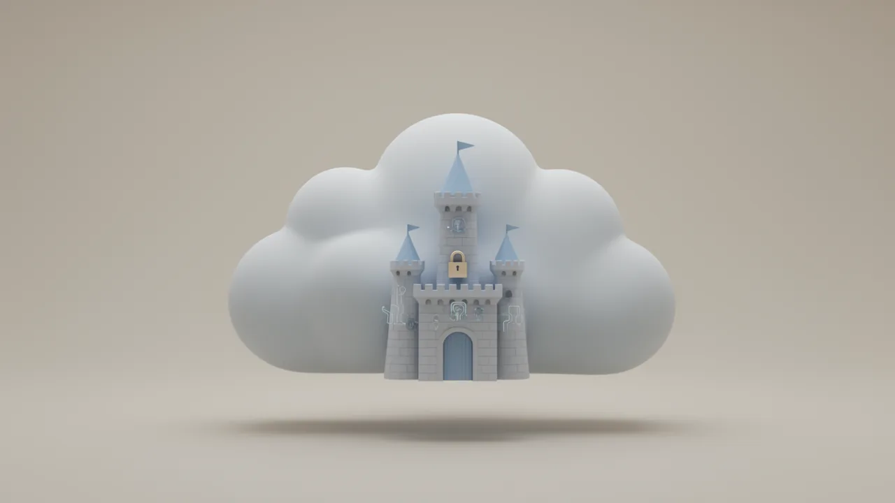3D-иллюстрация замка в облаке с символом безопасности