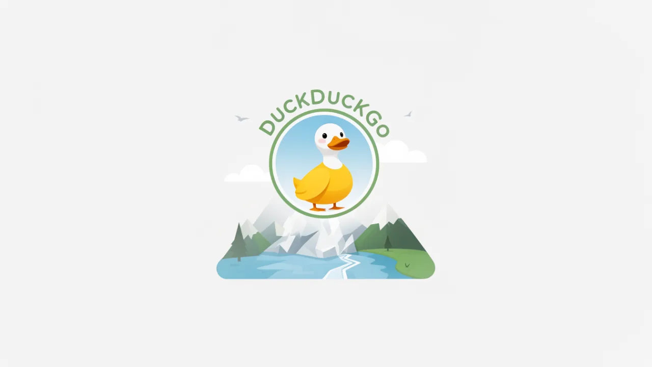 Логотип DuckDuckGo с уточкой и горным пейзажем