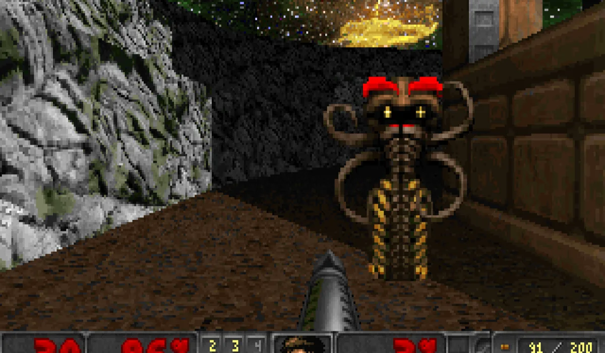 Скриншот из FreeDoom - Персонаж и враг в мрачной обстановке