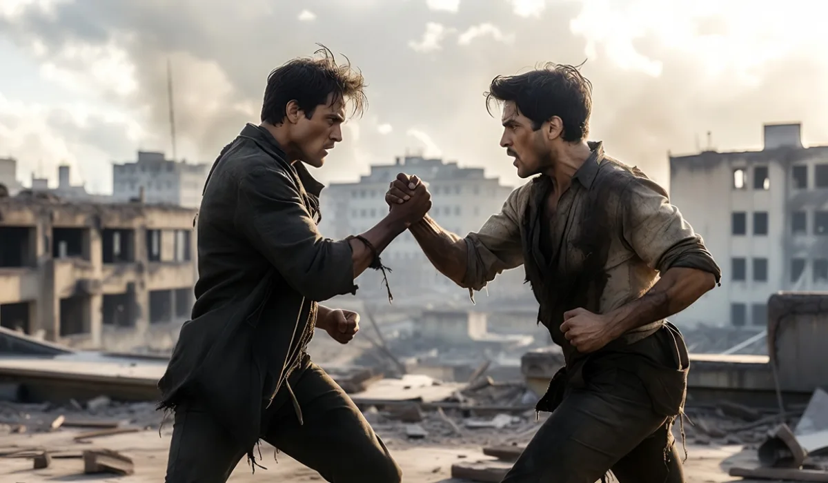 Бой на крыше: два мужчины в залагании