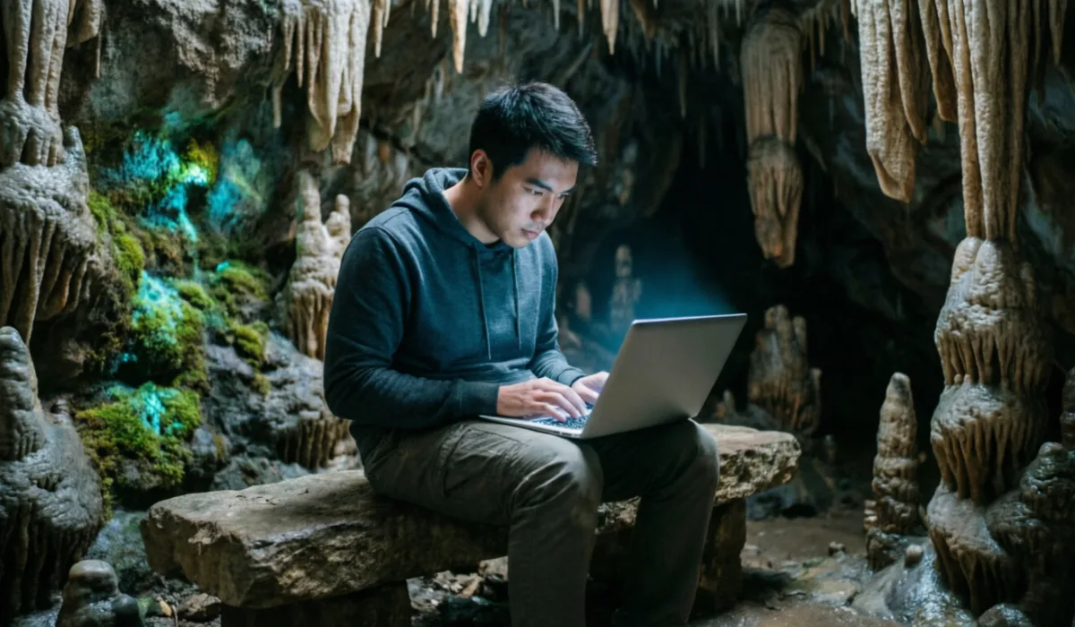 Разработчик пишет код в пещере