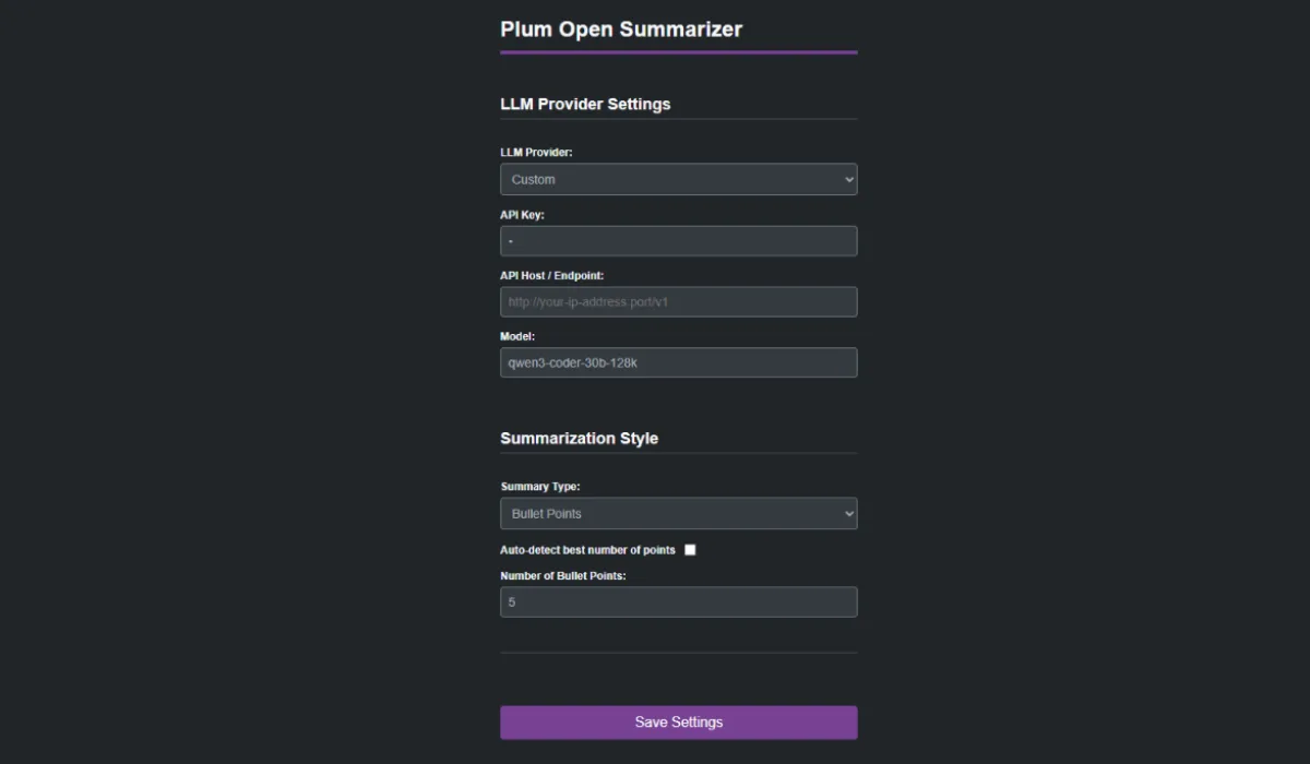 Страница настроек AI Page Summarizer