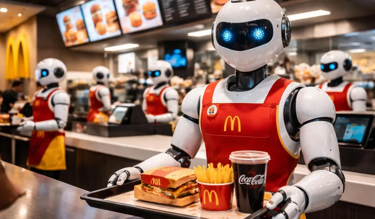 Человекоподобный робот работает в Макдональдс