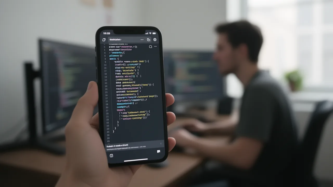 Смартфон с программным кодом на экране