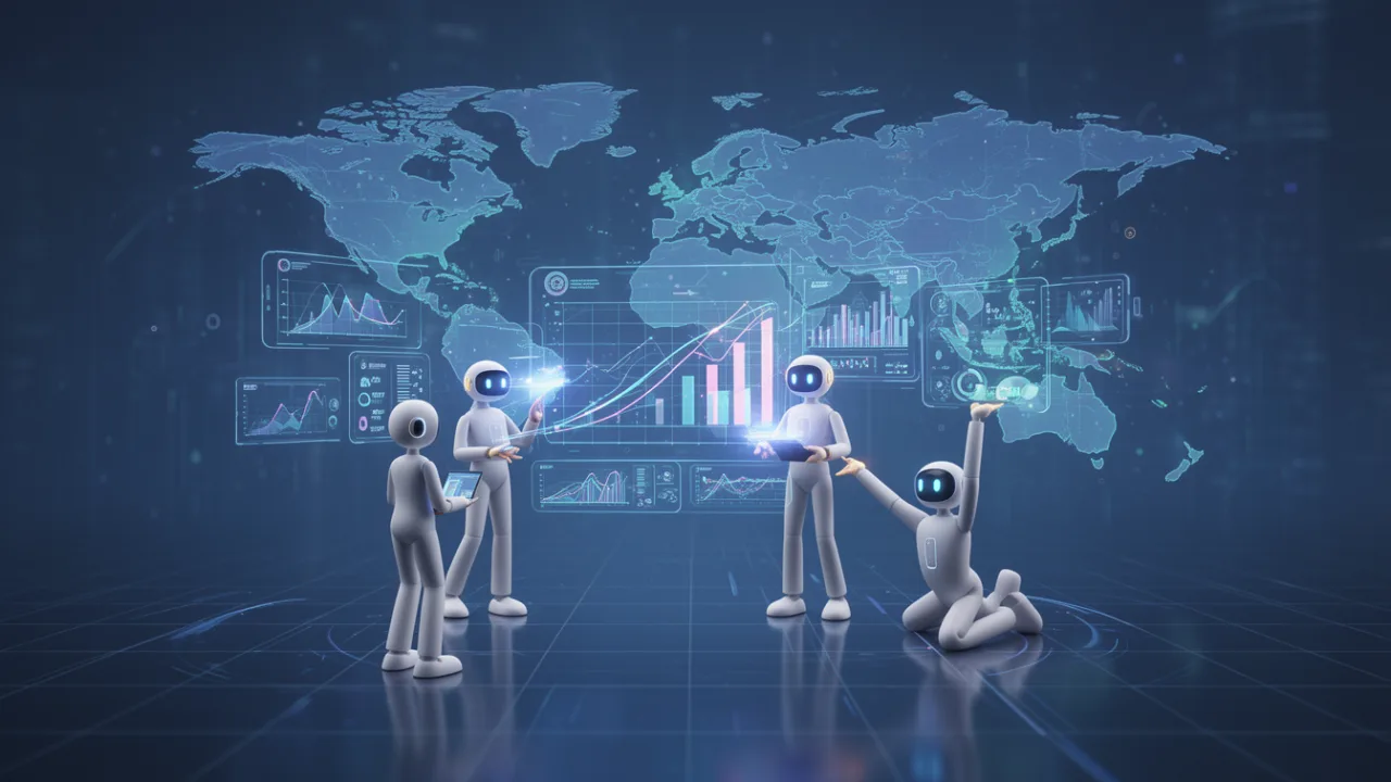 Белые роботы взаимодействуют с голографическими графиками и картой мира в цифровом пространстве.