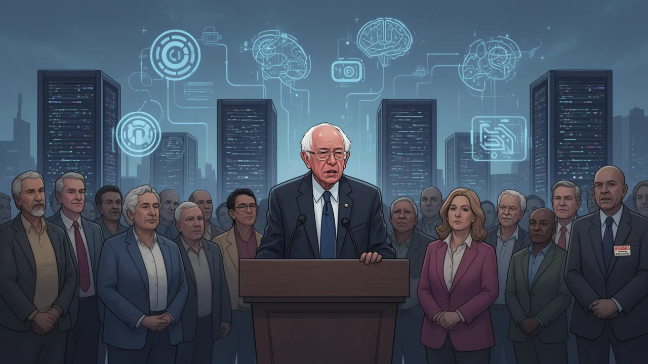Берни Сандерс на фоне серверов и символов искусственного интеллекта
