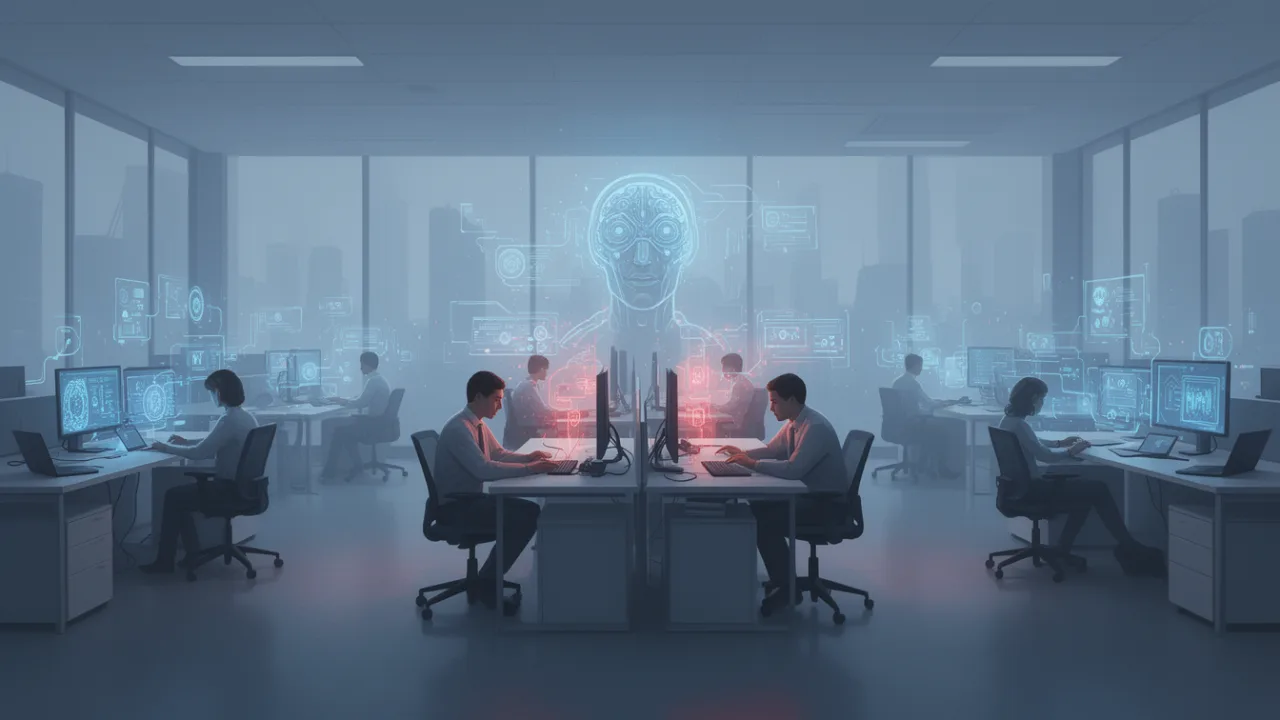 Футуристический офис с голограммой искусственного интеллекта