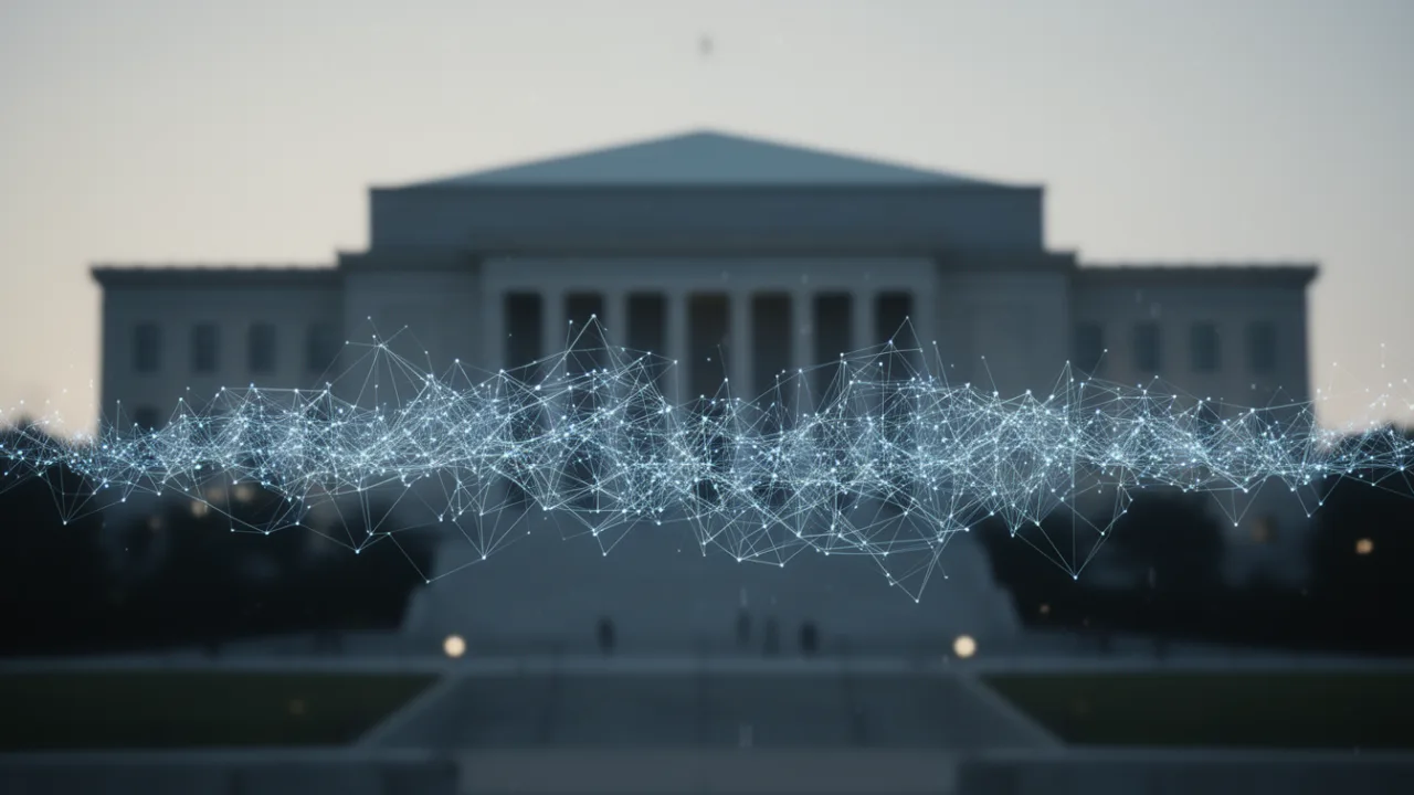 Цифровая сеть на фоне неоклассического здания