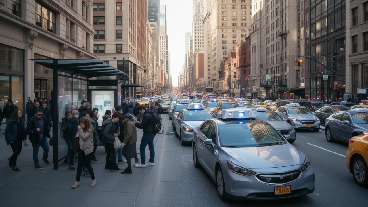 Оживленная городская улица с полицейскими машинами и людьми