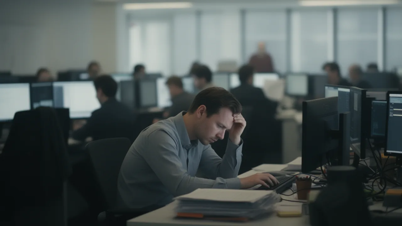Уставший сотрудник в современном офисе