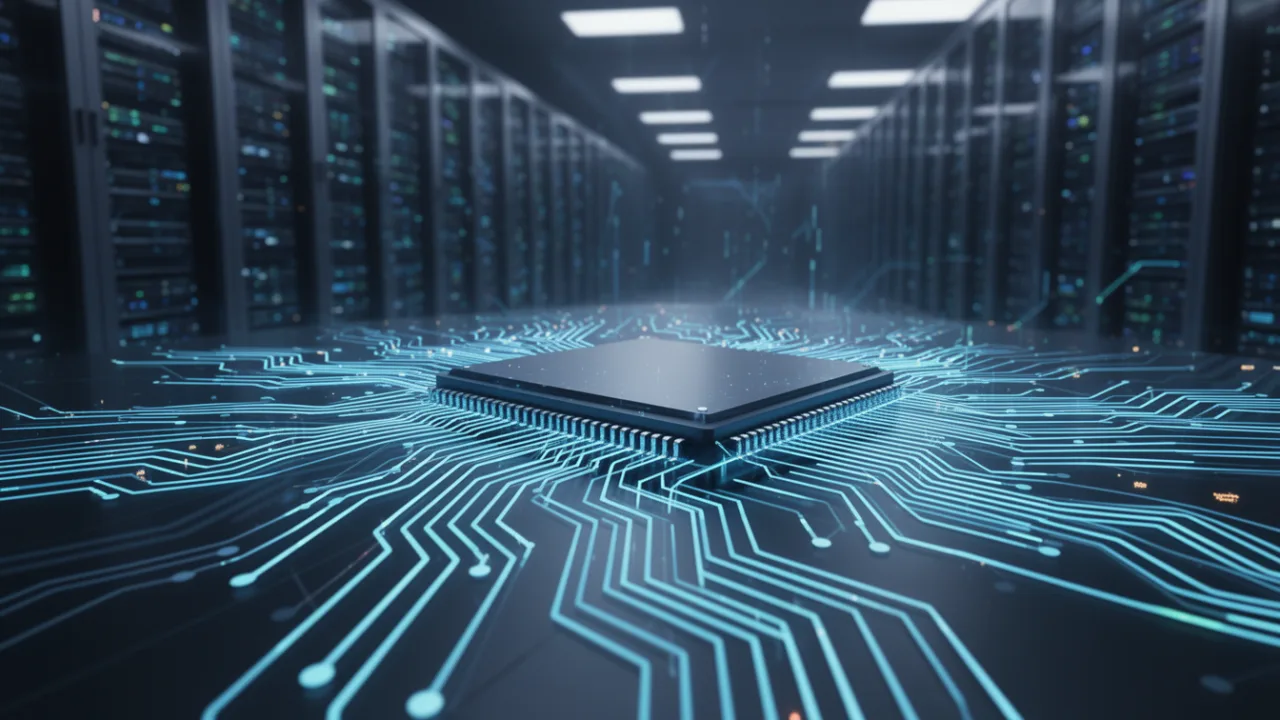 Футуристический процессор в центре современного дата-центра
