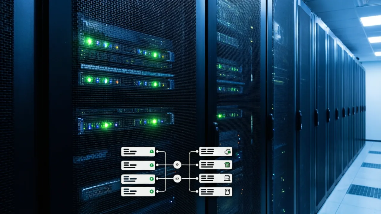 Серверная инфраструктура дата-центра с иконками передачи данных