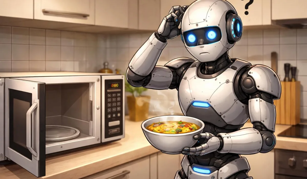 Робот с тарелкой супа у микроволновки