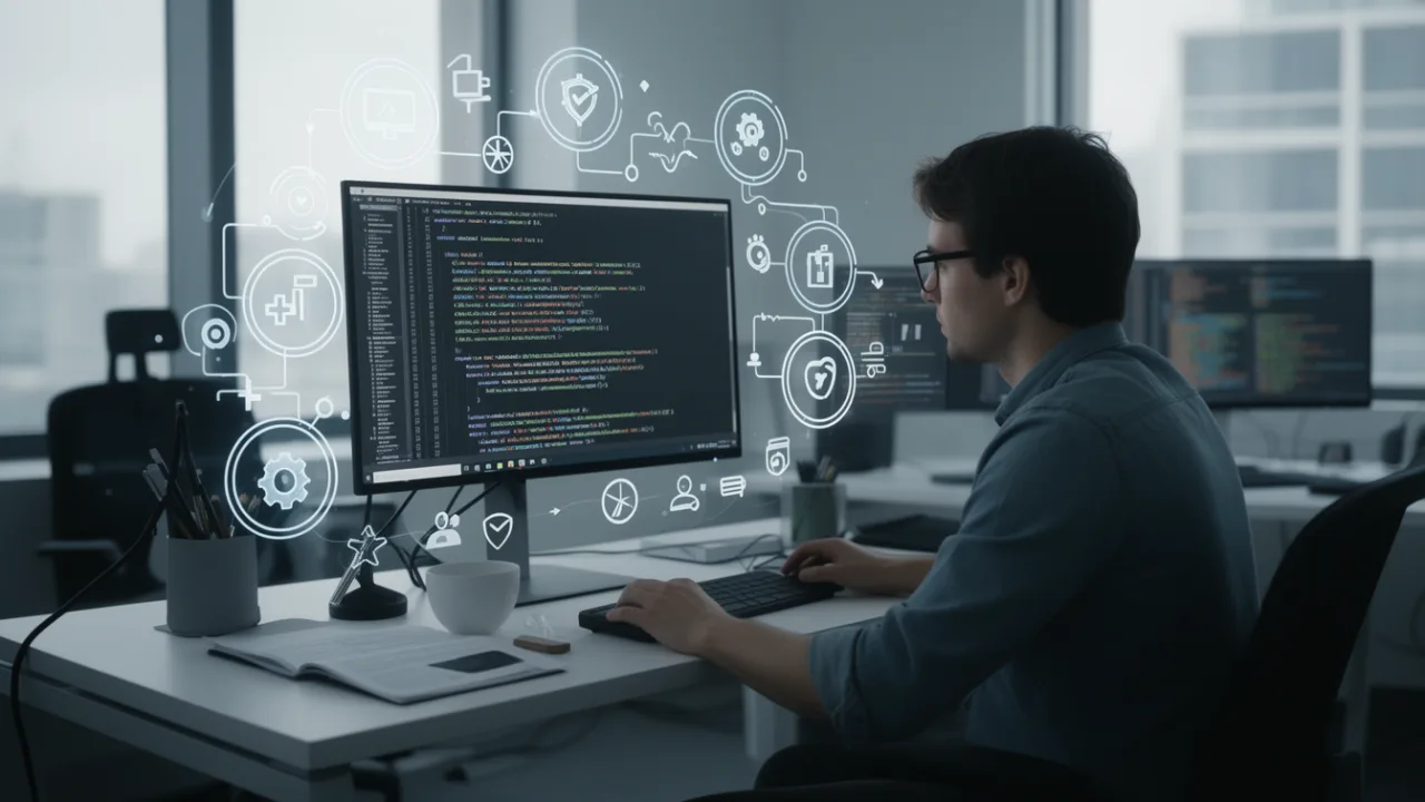Программист за работой с цифровым интерфейсом разработки