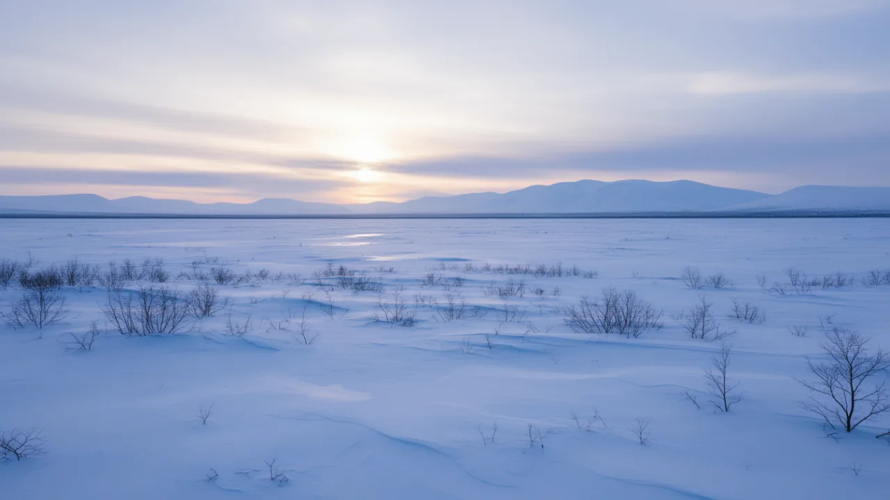 Зимний пейзаж заснеженной тундры на закате