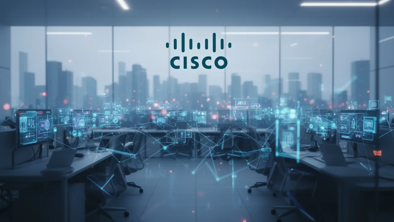Футуристический офис с логотипом Cisco и сетевыми технологиями
