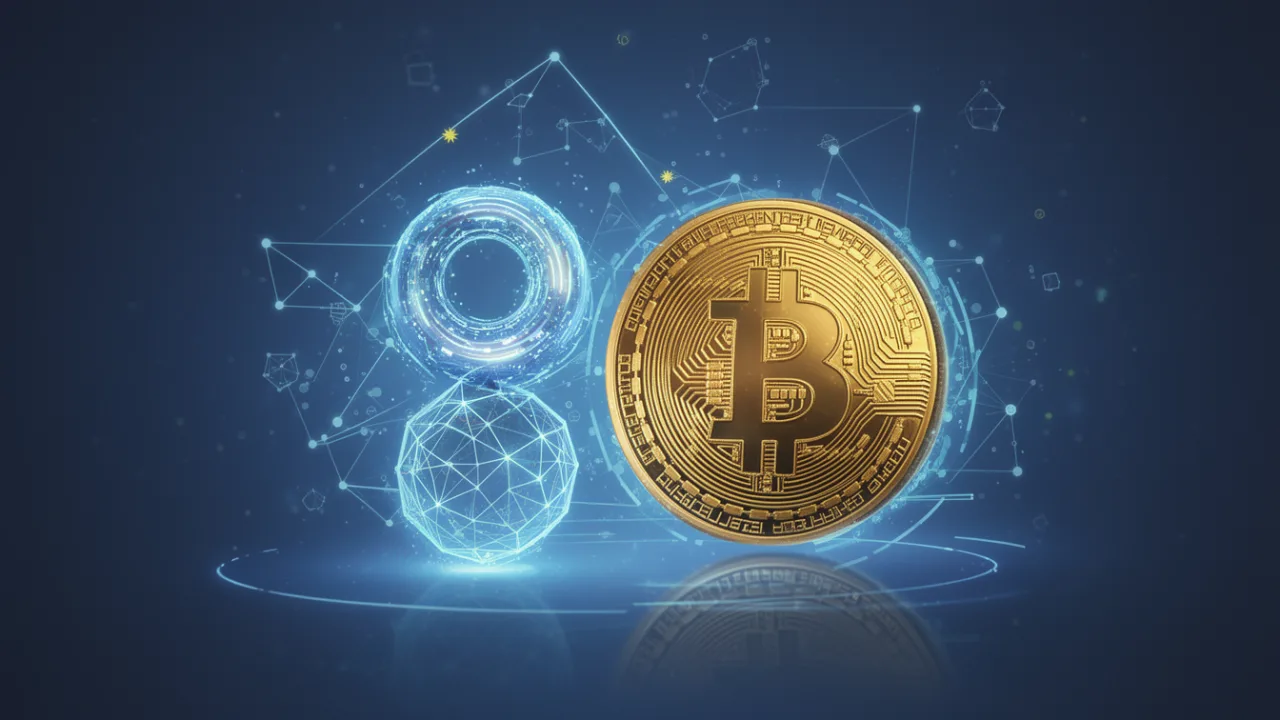 Золотая монета Биткоин в цифровом пространстве