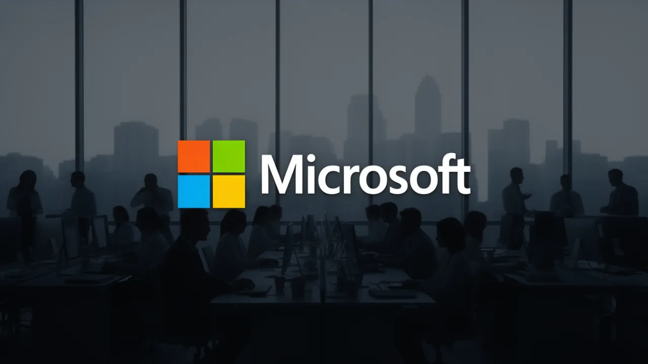 Логотип компании Microsoft на фоне современного офиса